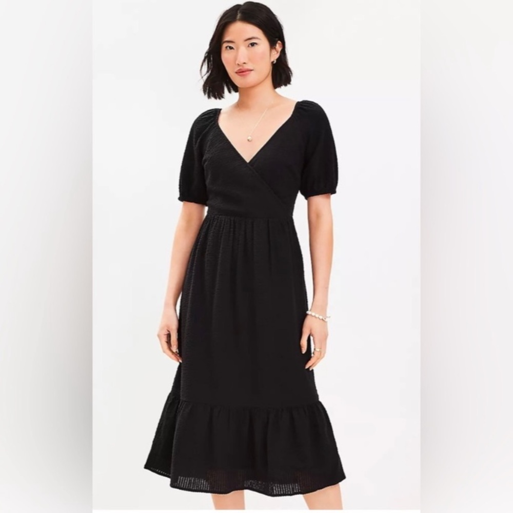 LOFT Black Puff Sleeve Feminine Flirty Ruffle Hem V-Neck Midi Dress Size M NWT